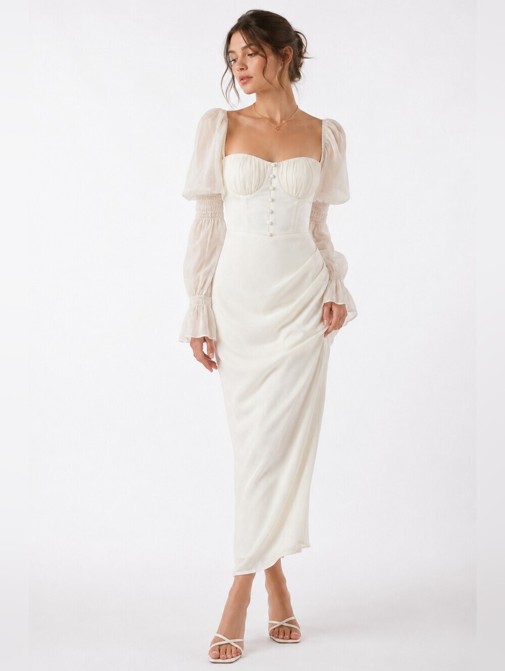 ASHANGEJIA Ivory Corset Puff Sleeve Midi Dress Coquette Cottagecore L